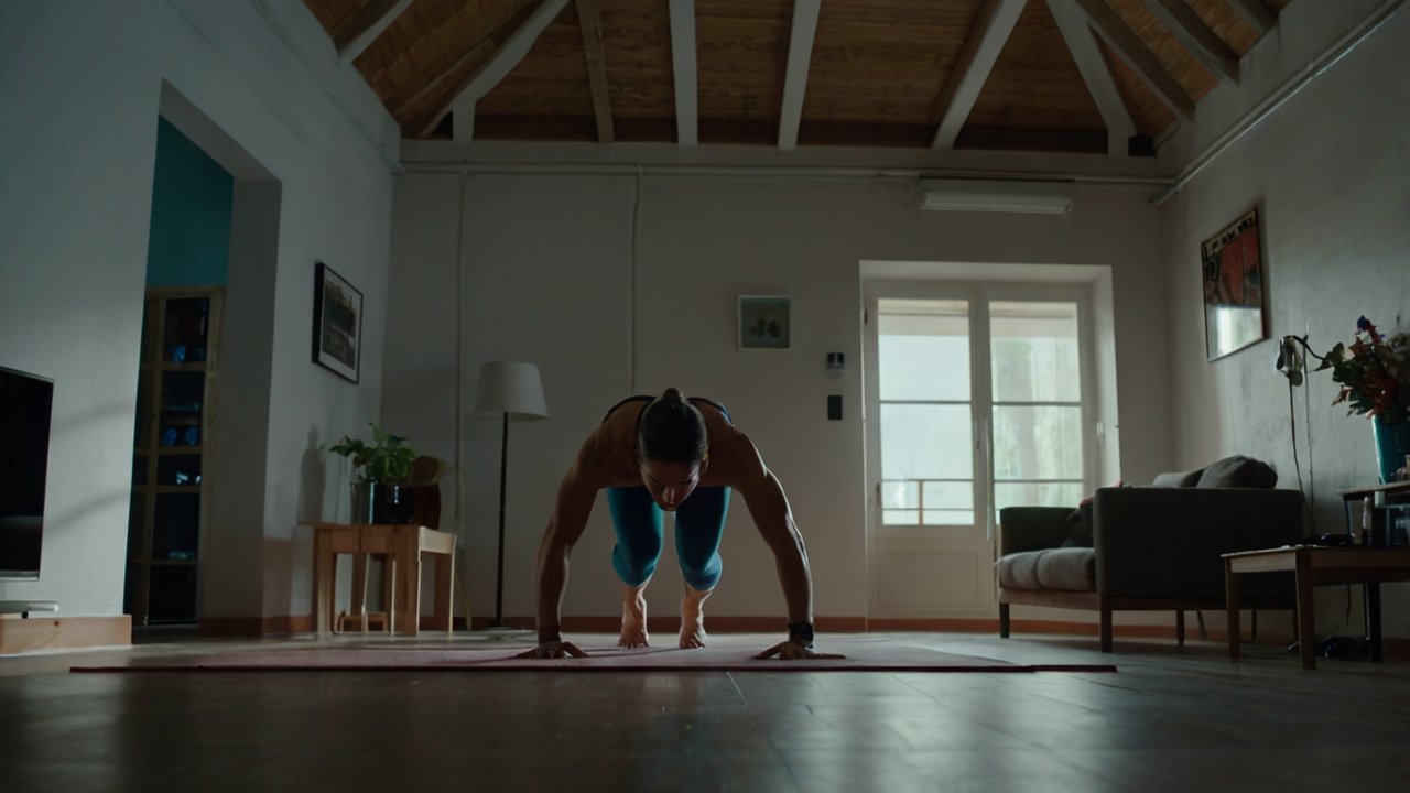 Persona realizando burpees como parte de una rutina HIIT en casa.